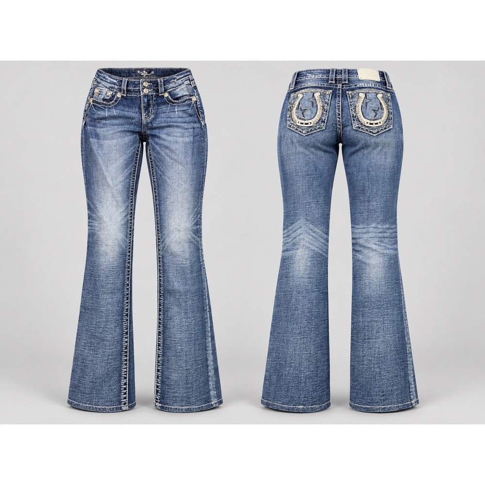 MISS ME Boot Jean women 25x30 horseshoe stars thick stitch whiskering embelished